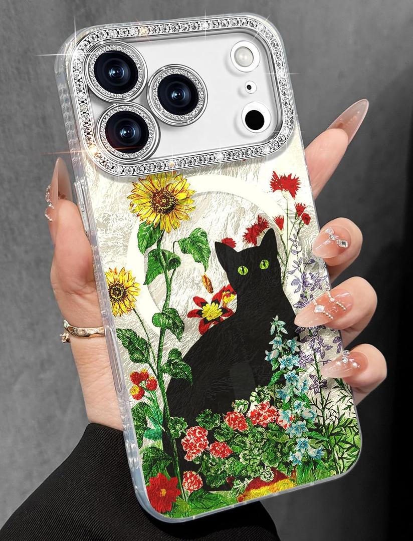 Toycamp for iPhone 17 Pro Max Case - Compatible with Magsafe Women Girls Aesthetic Cute Girly Kawaii Black Cat Unique Design Bling Lens Protector Magenetic Funda for Apple 17 Promax Phone Cover