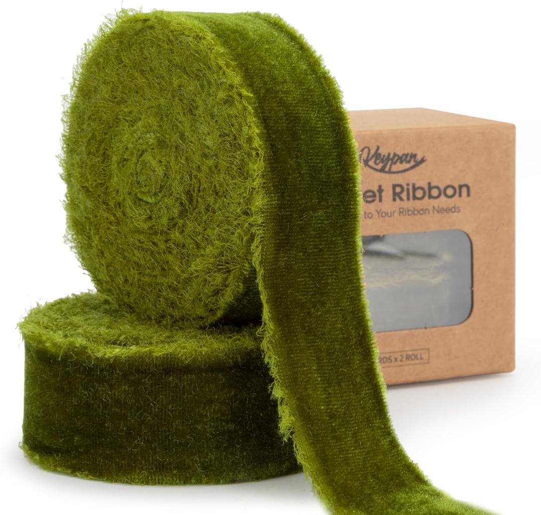 Moss Green Velvet Ribbon 1 Inch x 6 Yd Handmade Frayed Vintage Thin Ribbons for Christmas Tree Home Decor Wreath Craft Ornaments Gift Tags Wrapping