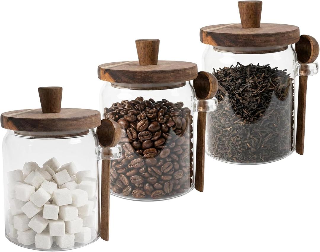 Set of 3 Glass Jars Containers with Wooden Lids and Scoop Clear Canister Jars Set with Spoon for Kitchen Food Storage Coffee Tea Sugar Decorative Countertop Organization Jars 31 oz (3)