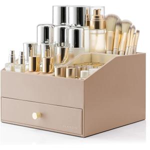 Vlando Makeup Organzier,Vanity Organizer with Drawers, PU Leather Skincare Organizer Perfume Organizer,Large Cosmetic Display Case for Lipstick,Brushes Gifts for Women-Toffee (2 layers-Toffee)