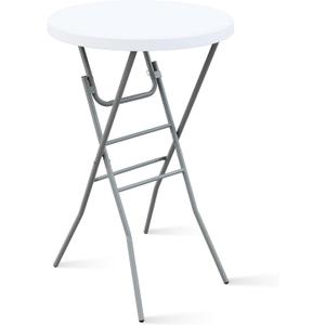 28 Round Folding Bar Table, High Top Cocktail Table with Locking Mechanism, HDPE Waterproof Stain-Resistant Top, Indoor Outdoor Patio Garden Party, White, 1 PCS