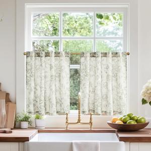jinchan Linen Floral Tier Curtains 24 Inch Farmhouse Botanic Cafe Curtains Light Filtering Drapes for Small Windows Back Tab Half Window for Kitchen Living Room Bathroom 2 Panels Green (Floral Sage Green on Beige)