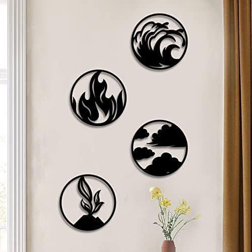 ORIGACH 4 Pieces Large Four Elements Minimalist Wood Wall Art, Wind, Water, Earth, Fire Vector Sign 4 Elements Symbols Wall Decor Black Wood Wall Decor Minimalist Decor, 11.8 Inches