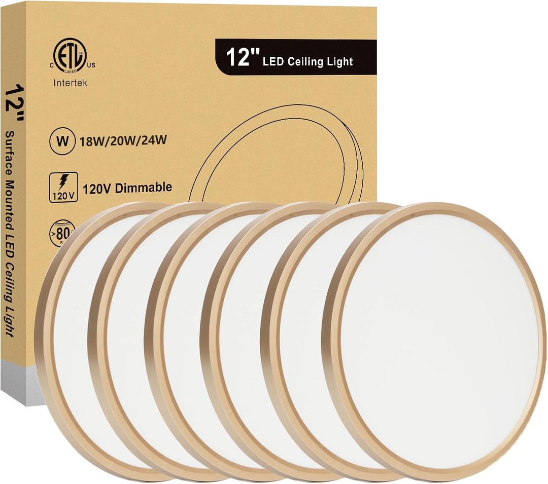 12 Inch Ceiling Light Fixture, Dimmable 0.67 Inch Super Slim, 24W 5CCT Round Ceiling Light for Laundry, Bedroom, 12 Inch 6Pack Gold