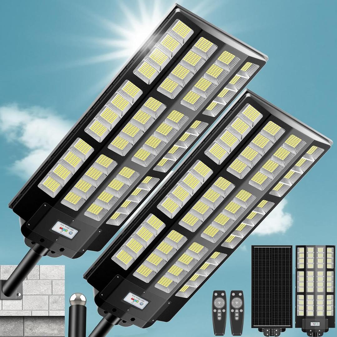 VOOJOY 12000W Solar Street Lights Outdoor, Commercial Solar Parking Lot Lights with Motion Sensor and Remote Control, IP67 Waterproof, Wide Angle Dusk to Dawn Outdoor Lighting, Large Dimension, 2 Pack