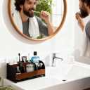 Bathroom Organizers on Counter,Wooden & Metal 7-Slot Solid One-Piece Bathroom Organizer with Drainage,Large Size Toothbrush Holders for Bathrooms, Vanity Storage