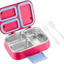 Stainless Steel Leakproof Bento Box Kids, Bento Box Kids Leakproof Double Layer 3 Compartment Container 304 Stainless Steel Lunch Box for School and Office(Rose Red)