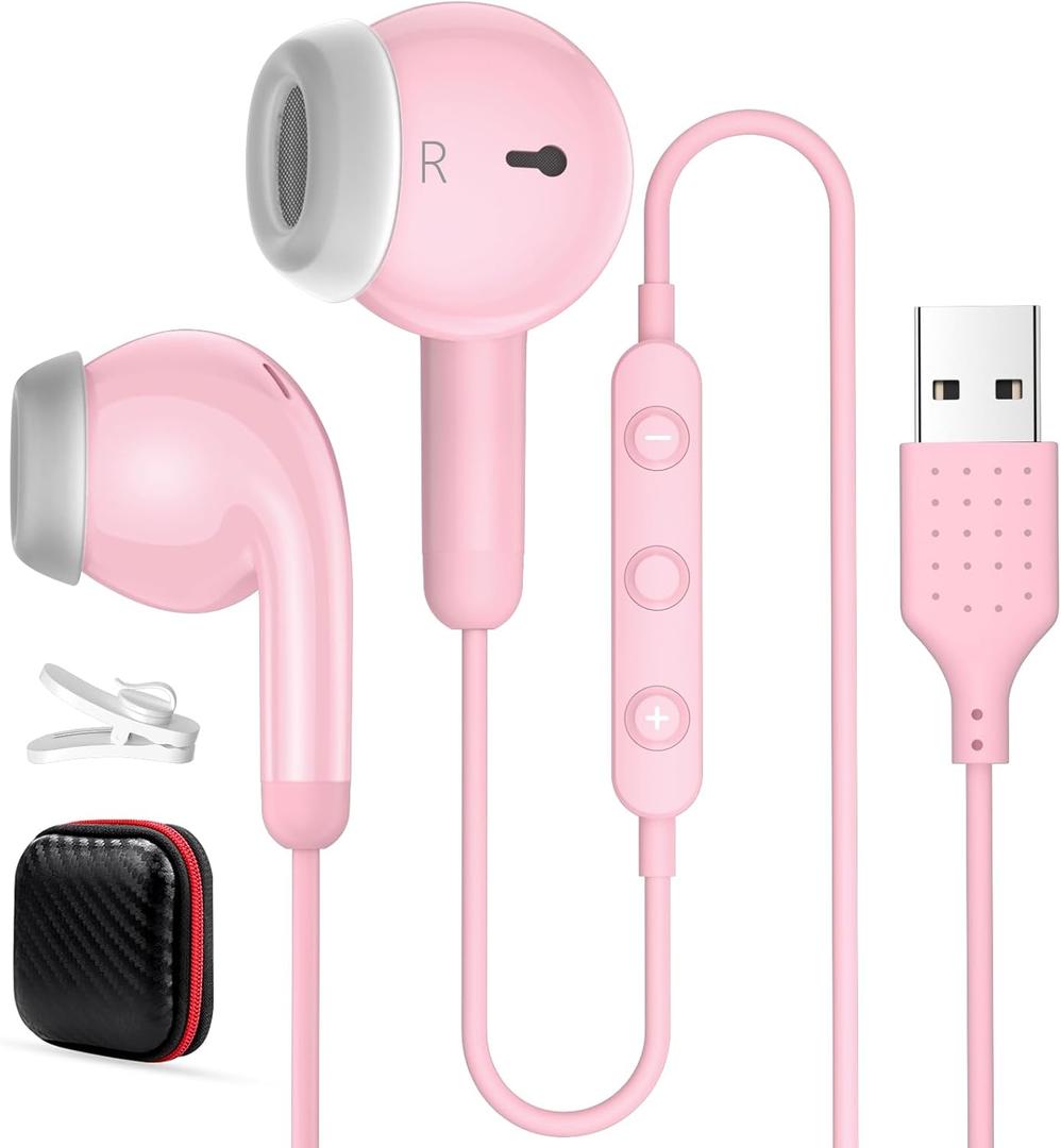 USB Earbuds for PC,Headphones with Microphone for Computer,Wired USB Headset with Mic Audio Control Noise Isolating Stereo Laptop Earphones for Dell for HP Asus for Surface Office Zoom Working Pink