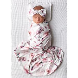 Terriboo Newborn Floral Print Blanket Baby Stretch Wrap Swaddle Receiving Blanket with Matching Headband and Beanie (Purple and Pink)