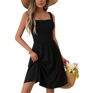 Women's Summer Casual Square Neck Dress with Pocket Cute Sleeveless High Waist A-line Sundress Midi Dresses (XL)