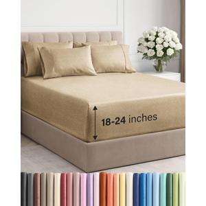 Extra Deep Cal King Sheet Set - 6 Piece Breathable and Cooling Sheets - Hotel Luxury Bedding for Women, Men, Kids & Teens - Easy Secure Fit - Soft & Wrinkle Free - Extra Deep Pockets - Heathered Tan