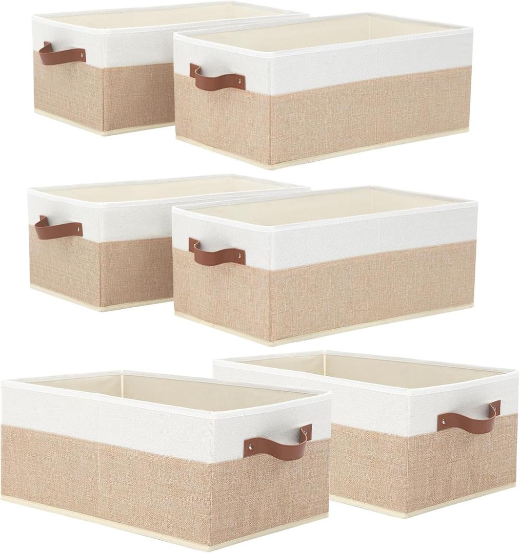 6 Pack Fabric Storage Bins, Large Storage Baskets for Shelves, Foldable Closet Organizer Storage Boxes with Leather Handles for Clothes, Sheets, Jeans, Toys, Books (Beige and White)