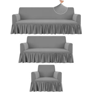 3 Pcs Sofa Slipcover Set for Couch Cushion Durable Washable High Elastic Stretchable Furniture Couch Covers with Skirt for Sofa Loveseat Arm Chair (Gray, Milk Silk) 