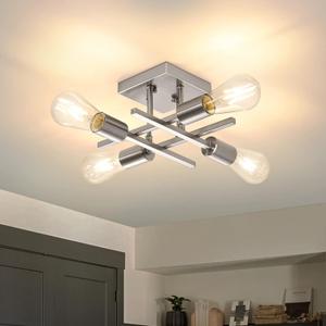 Industrial 4-Light Semi Flush Mount Ceiling Light Fixture, Modern Brushed Nickel Chandelier Lighting, Farmhouse E26 Base Sputnik Ceiling Lamp for Kitchen Bedroom Living Room Hallway (1 Count (Pack of 1), Silver)