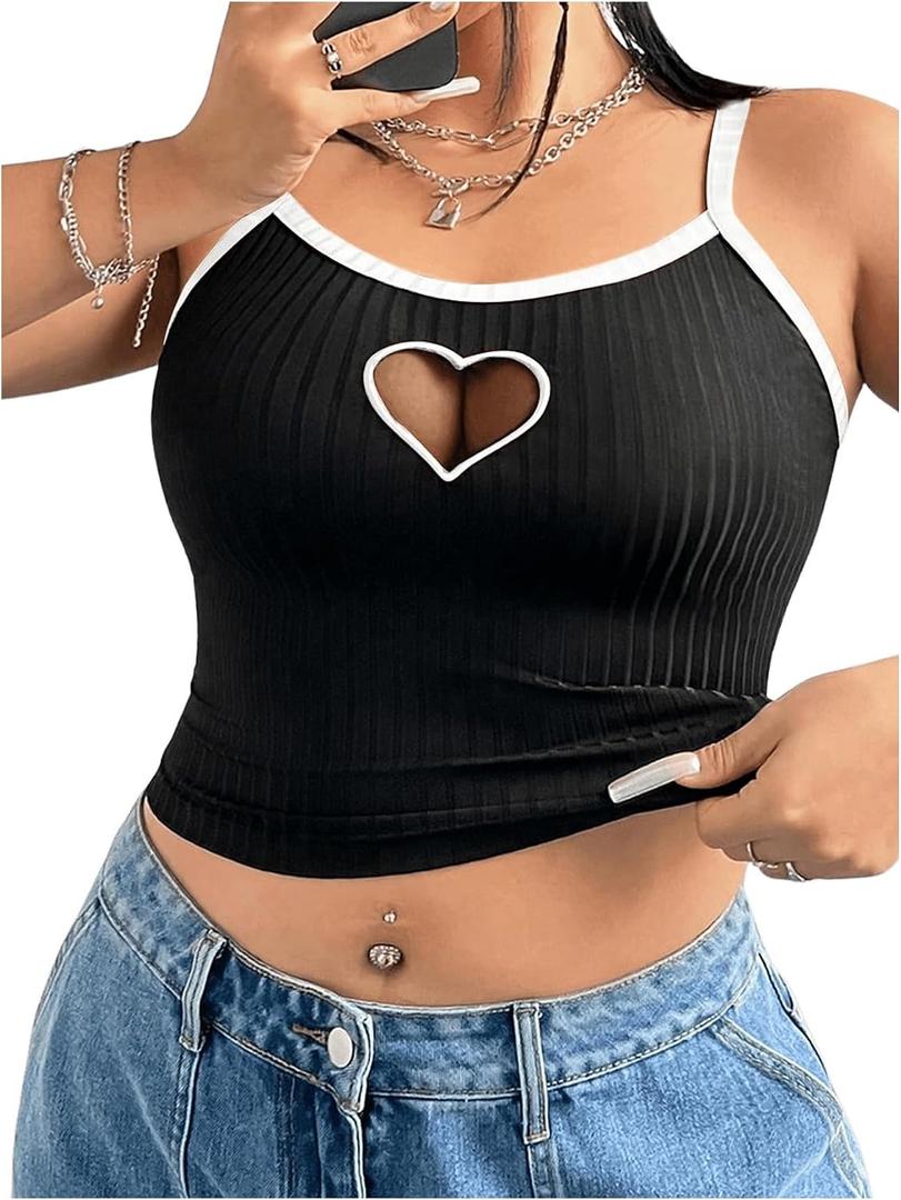 SOLY HUX Women's Plus Size Goth Cami Crop Tops Contrast Mesh Spaghetti Strap Summer Top, X-Large Plus, Black