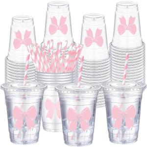 Sliner 25 Pcs 16 oz Coquette Disposable Plastic Cups with Straw for Party Supplies Bow Cups Birthday Wedding Bridal Engagement Party Drinkware Baby Shower Decoration (Pink Bow)