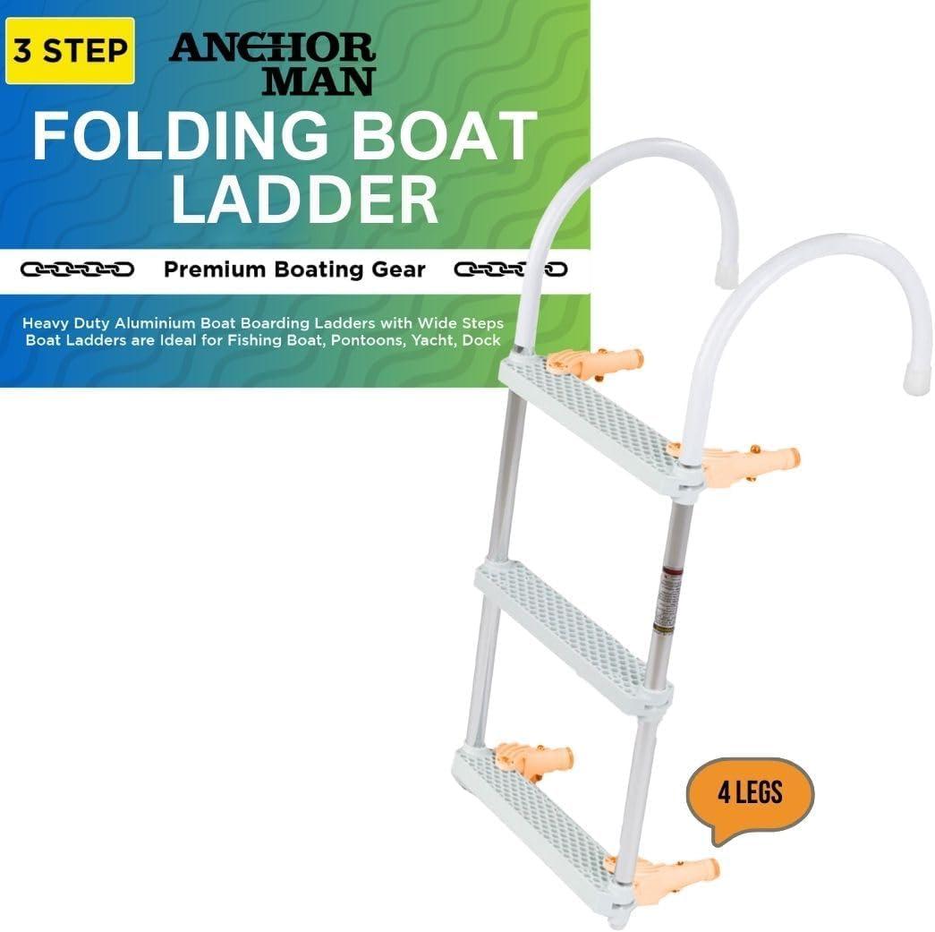 Anchor-Man Folding 3 Step Aluminum Boat Ladder for Fishing, Heavy-Duty Pontoon Boat Ladder with Wide Steps, Ideal for Yacht, Dock