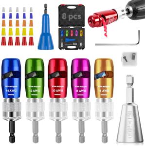 US Regulations Wire Stripping for Drill, Wire Stripping Tool & Wire Twisting Connector Set, Wire Twister Tool for Drill, 8 in 1 Quickly Drill Wire Stripping Professional Electrician Tools Set8pcs