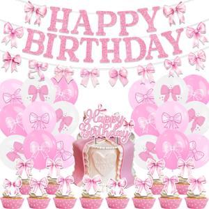 Pink Bow Birthday Party Decoration, Girl Bowtie Themed Supplies, Bow Knot Happy Birthday Banner Garland, Bow Latex Balloons, Bow Cake & Cupcake Toppers, Satin Ribbon for Coquette Birthday
