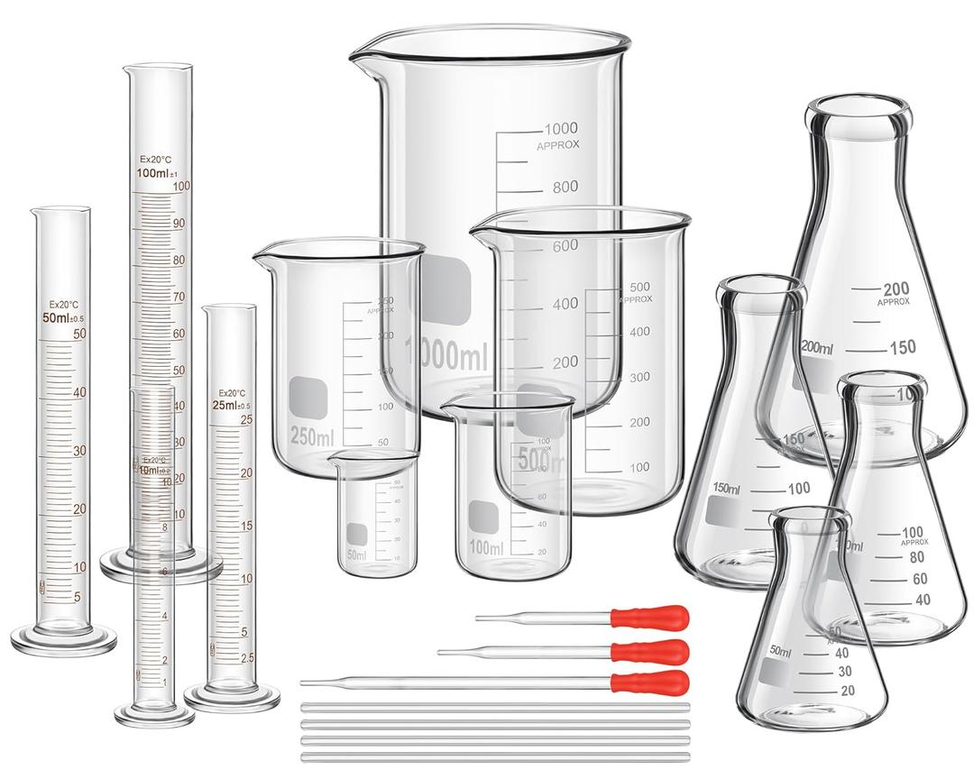 Frienda 50/100/250/500/1000ml Lab Glassware Include Graduated Cylinder, Glass Beaker Set, Glass Dropper, Stirring Rod, Measuring Cups for Laboratory Science Chemistry Supplies (20 Pcs)