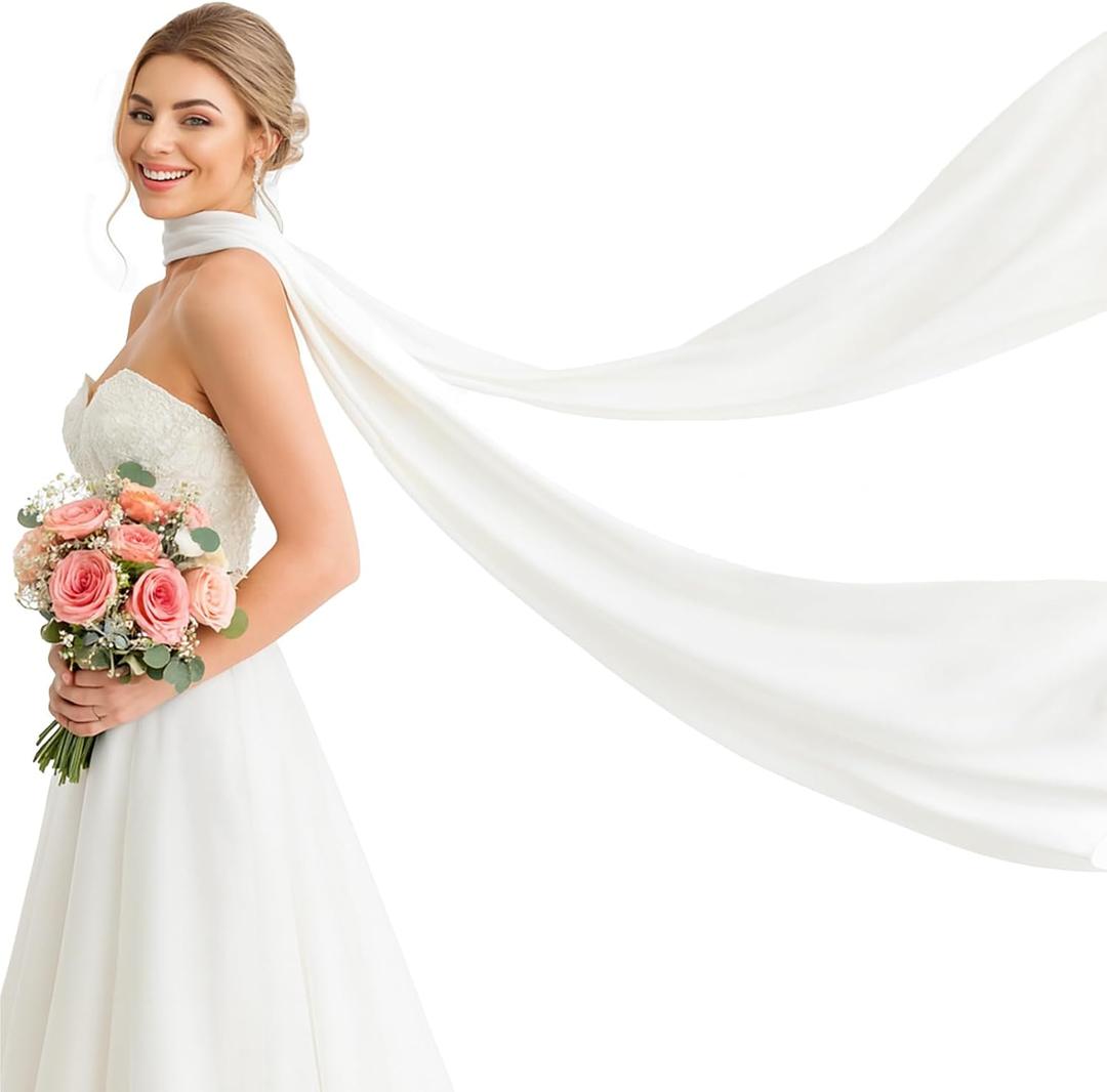 Bridal Neck Scarf Long for Wedding, 142 Inch White Wedding Scarf for Bride Minimalist Tulle Wrap for Ceremony Elopement Reception Bridal Portrait Accessory (White, M)