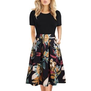 Women's Elegant Knee Length Dresses Vintage Summer Office Casual Floral Print Work Party A-Line Swing Dress with Pockets (XL, Black Yellow)