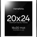 Homeforia 20x24 Picture Frame Black, High End Metal 20x24 Frame Matted to 16x20 Print, 20 x 24 Black Poster Frames with Mat 16 by 20 inch Photo, 24x20 Hanging Frame, Tempered Glass, Wall Kit, Set of 1