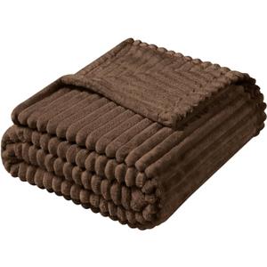 Vessia Flannel Fleece Throw Blanket, 300GSM Cozy Brown Striped Throw for Couch, Sofa and Bed, Warm and Soft Chocolate Microfiber Ribbed Blanket for All Season(50x40inch)