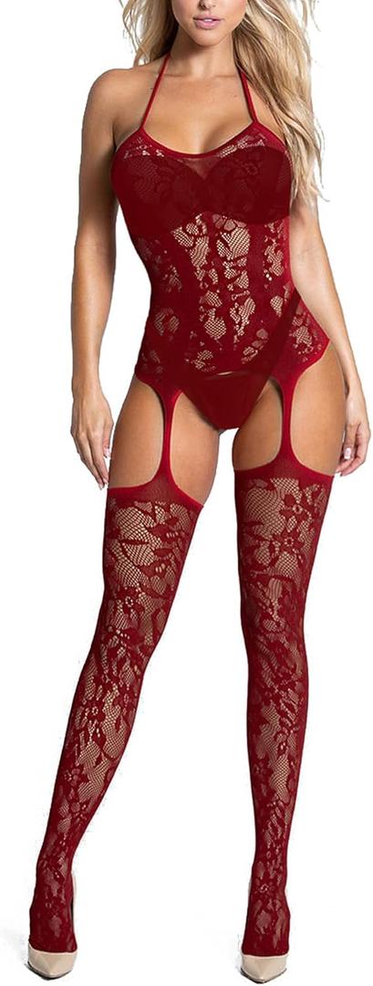 RSLOVE Women Fishnet Bodystocking Attached Stockings Sexy Lingerie Crotchless Bodysuit One Piece Babydoll One Size (Wine Red)