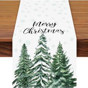 72 x 13 Inch Merry Christmas Table Runner - Snowflakes and Pine Trees Pattern for Holiday, Home, Kitchen, Mantel, Dining Table Decor, Winter Xmas Party Supplies