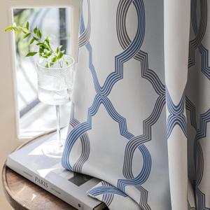 100% Blackout Curtains 63 Inches Long for Bedroom, Blue Grey on White Moroccan Geometric Patterned Window Curtain for Living Room, Farmhouse Thermal Insulated Drapes Grommet Top 2 Panels