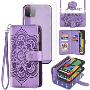 Asuwish Phone Case for Google Pixel 4 XL Zipper Wallet Detachable Cell Cover with Tempered Glass Screen Protector Crossbody Strap Flower Card Holder Slot Pixle 4XL Pixel4XL 4LX LX Women Girls Purple