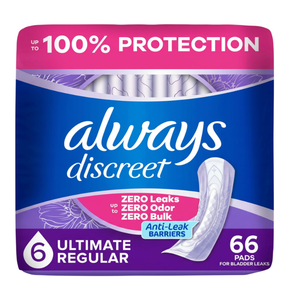 Always Discreet Adult Incontinence Pads for Women, Drier, 6 Drop Regular Length, Extra Heavy Absorbency, Pads for Bladder Control Management, Bladder Leaks, & Postpartum Pads, 66ct