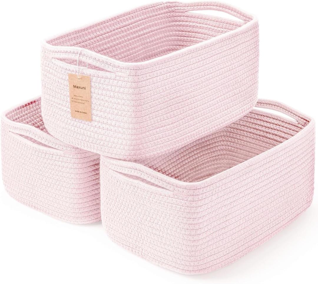 3-Pack Storage Baskets for Organizing | Woven Shelf Toy Basket | Rope Baskets for Gifts Empty | Closet Organizer Bins with Handles | Cube Decorative Box | 13.7×7.1×6.7” | Mixed Pink
