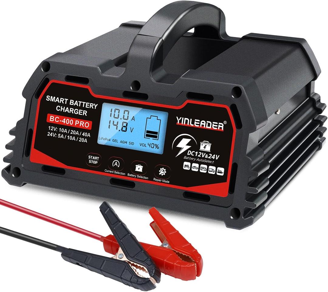 Battery Charger 40A, 12V/24V Lead Acid Smart Battery Charger, 12V LiFePO4 Car Battery Trickle Charger, Automatic Battery Maintainer for Car Motorcycle Lawn Mower Marine Boat Lead Acid Batteries (Black)
