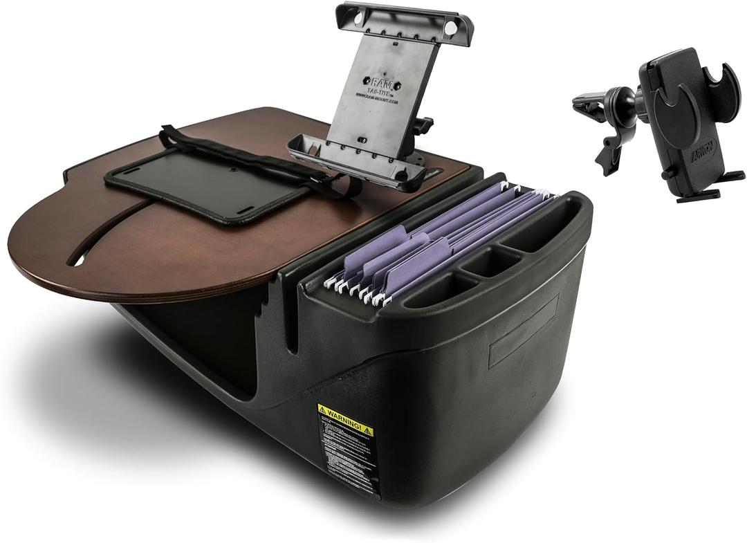 AutoExec Roadmaster Car Desk and Portable Workstation with Tablet Mount and Phone Vent Clip, Mahogany