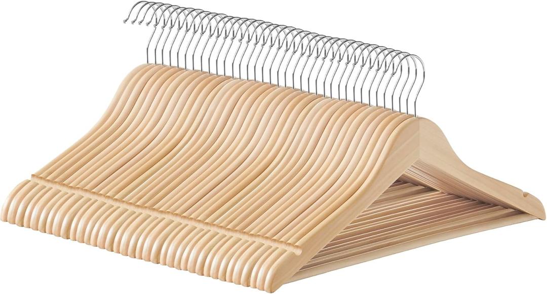SONGMICS Wooden Hangers, Pack of 36, Coat Hangers, Non-Slip, Pants Bar, 360 Swivel Hooks, for Jackets, Shirts, Coats, Natural Beige UCRW010N36
