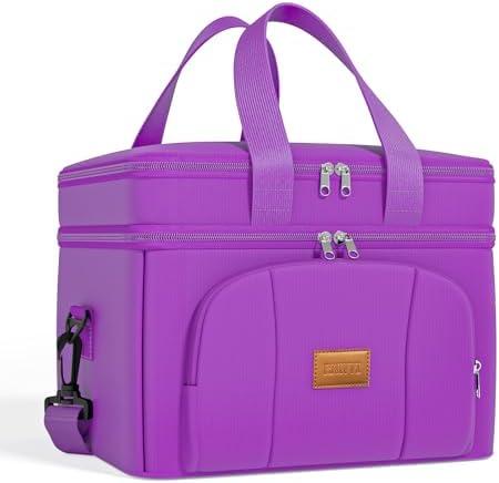 Rnivvi Lunch Box for Women, Double Decker Insulated Cooler Bag Lunch Bag Reusable Leakproof Tote Lunch Container with Strap for Work Family Picnic Hiking Camping, 18 Cans 12L, Large Adults, Purple
