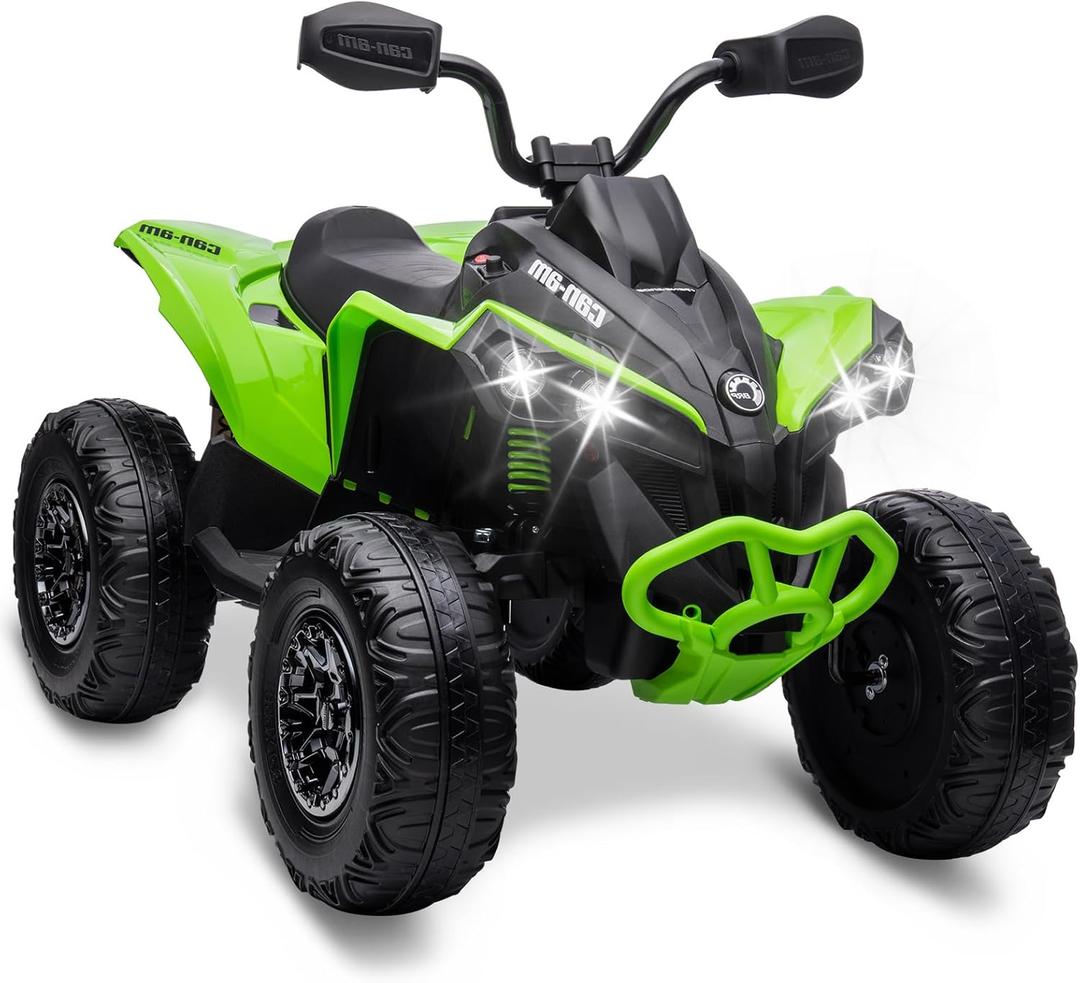 12V Kids ATV | Bombardier Licensed BRP Can-Am 4 Wheeler Quad Electric Ride-On Vehicle with LED Lights, Full Metal Suspension, Bluetooth, Music, USB, and Treaded Tires (Green)