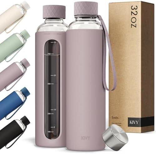 KIVY Glass Water Bottle with Silicone Sleeve 32 oz [WITH MEASUREMENT] - Borosilicate Glass Water Bottle Screw Top - Clear Bottles with Measurement Marking - Slim Waterbottle Aesthetic - Taupe