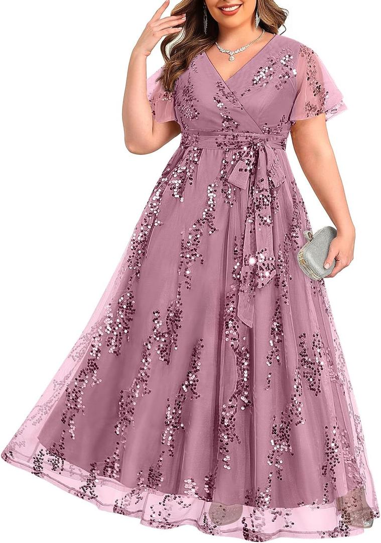 Pinup Fashion Plus Size Formal Dresses - Wedding Guest Evening Gowns Sequin Embroidery V-Neck Maxi Dress (Gray Pink, 16 Plus)