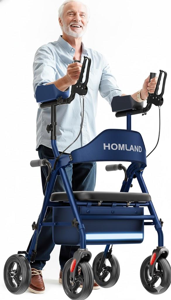 Upright Walkers for Seniors, Stand Up Rollator Walker with Adjustable Padded Armsupport & Seat, Folding Rolling Walker with 8'' Wheel Suitable for All Terrain, Blue