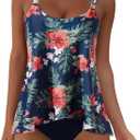 SUUKSESS Women Ruffle High Waisted Tankini Swimsuit Tummy Control Bathing Suit (Large, 80 Tropical Floral Navy Blue)