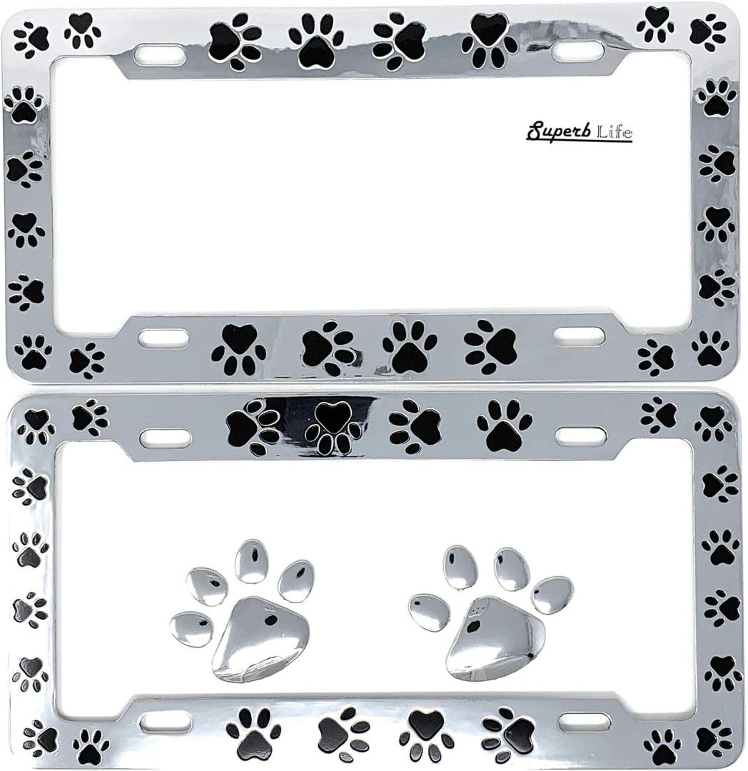 Animal Black Paws Print Design License Plate Frame, Pet Dog Cat, Set of 2 with 2pcs 3D Chrome Dog Paw Footprint Sticker Decal