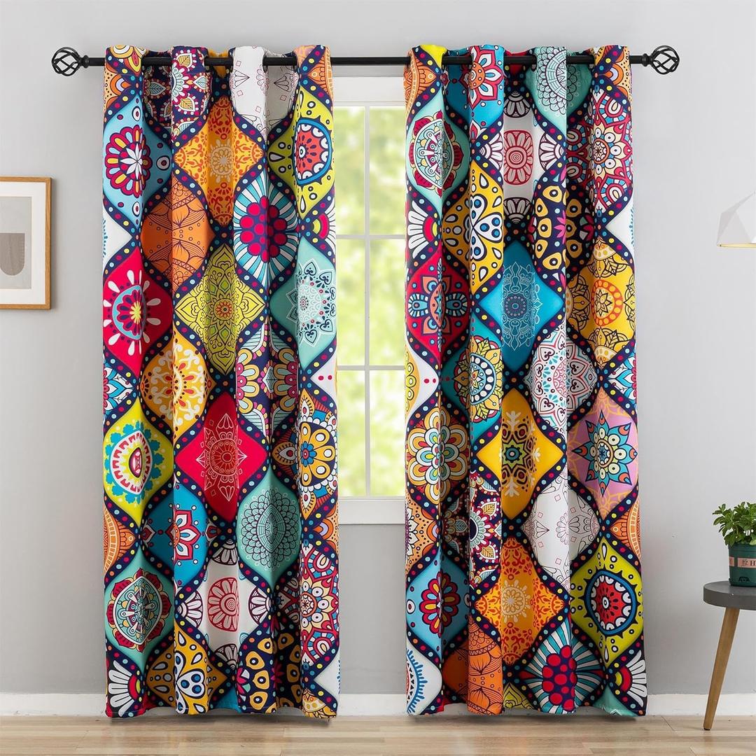 Bohemian 100% Blackout Curtains for Bedroom 96 inch Long 2 Panels Set Boho Colorful Mandala Thermal Insulated Room Darkening Window Drapes Patterned Black Out Curtains for Living Room, 52Wx96L