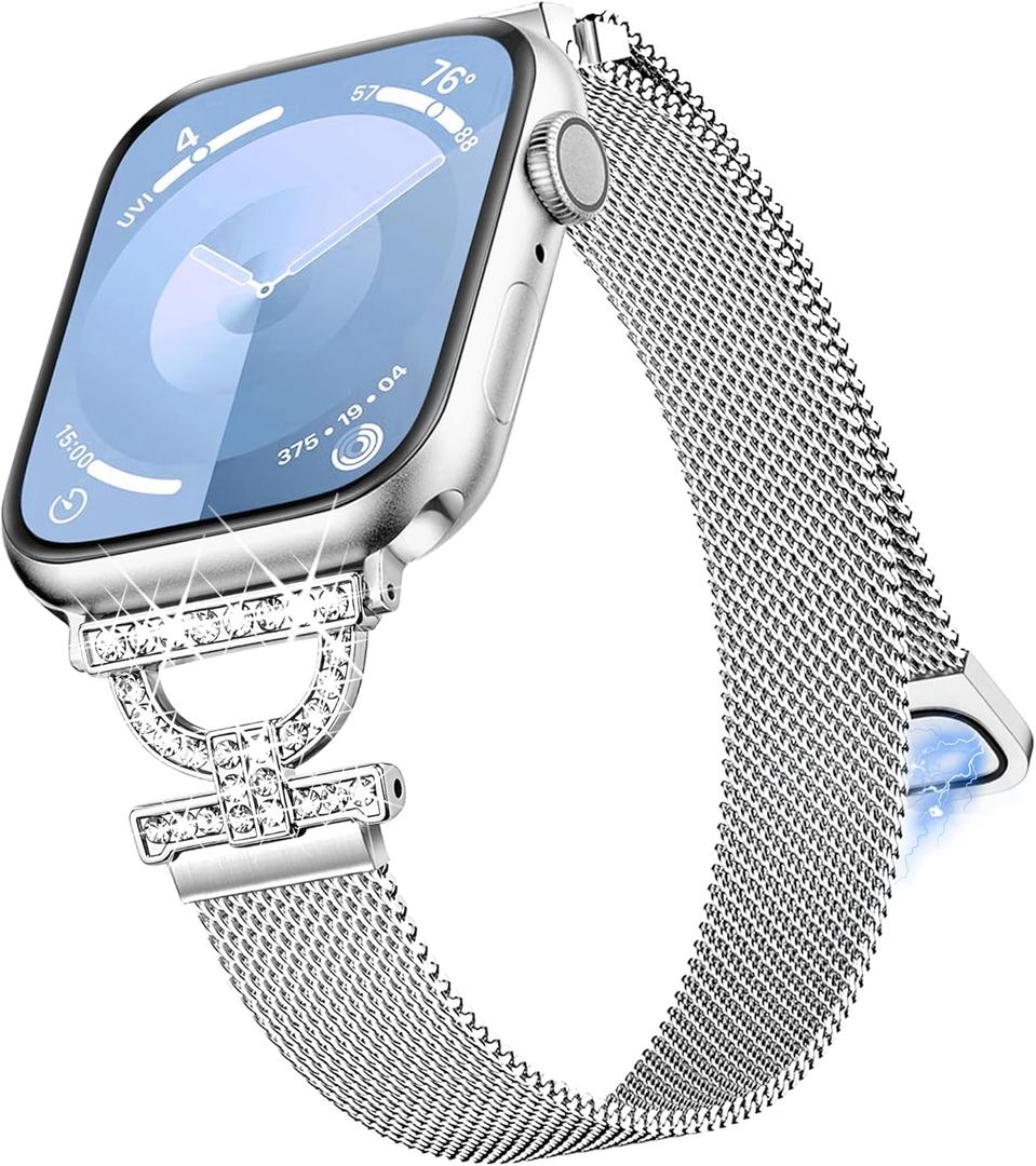 Compatible with Dressy Thin Designer Bling Apple Watch Bands for Women 40mm 41mm 38mm, D-shaped iWatch Bands for Slim Sparkly Diamond Apple Watch Series10 9 SE 8 7 6 5 4 3 2 1 Bracelet Sport Band (Silver) Compatible with Dressy Thin Designer Bling Apple Watch Bands for Women 40mm 41mm 38mm, D-shaped iWatch Bands for Slim Sparkly Diamond Apple Watch Series10 9 SE 8 7 6 5 4 3 2 1 Bracelet Sport Band (Silver)