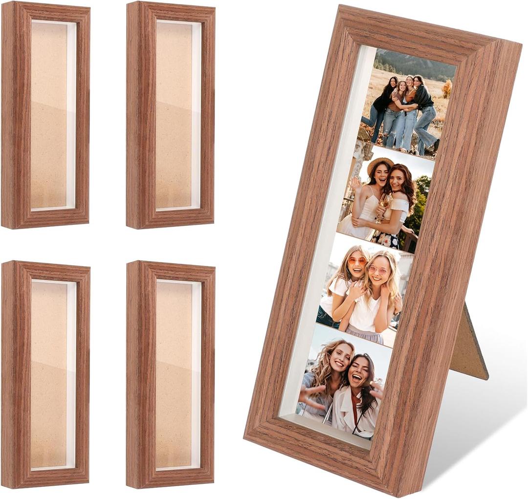 4 Pack Photo Booth Frames 2x7 Wooden Photo Strip Picture Frame Film Picture Holder with Stand and Clear Glass for Wall or Tabletop Display, Rustic Brown