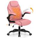 Office Desk Chair, Ergonomic Computer Chair with Padded Flip-Up Arms and Adjustable Lumbar Support, PU Leather Executive Chair with Tilt Lock and 360° Swivel Rolling Wheels for Work, Study, Pink