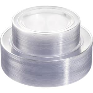 96 Pieces Clear Silver Plastic Plates, Clear Disposable Plates with Silver Rim Heavy Duty Fancy Wedding Party Plate Include 48 Dinner Plate 10.25" and 48 Dessert Appetizer Plate 7.5"