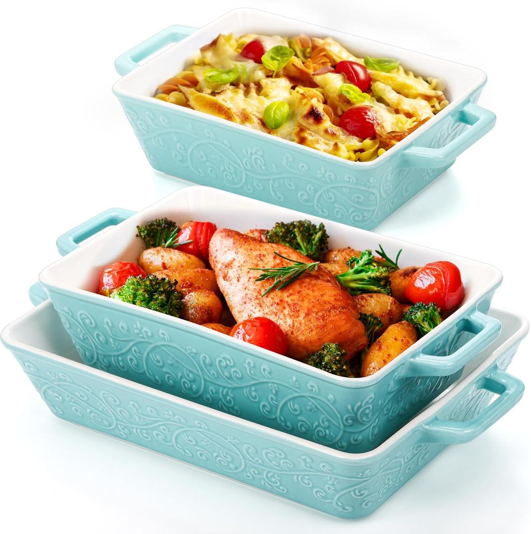 Okllen Set of 3 Casserole Dishes for Oven, Ceramic Baking Dishes with Handles, Rectangular Lasagna Pan Bakeware Set for Baking Cooking, Roasting, Broiling, Gratin, Wedding & Housewarming Gift, Blue